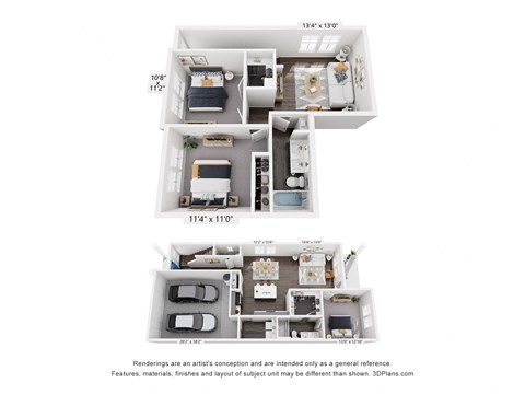 Floor plan for 3 beds, 2.5 baths, 1661 sqft